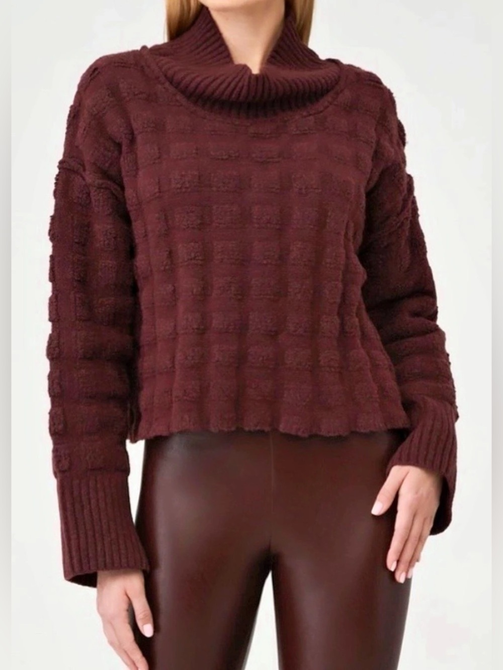 Free People Burgundy Checkered Texture Mock Neck Sweater - Size M